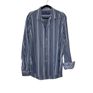 Robert Graham Blue White Striped Floral Button Up Shirt Long Sleeve Size XL